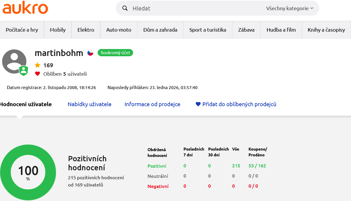 Hodnocení prodejce martinbohm na Aukro.cz
